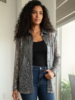 Missguided Silver Sequin Sheer Button-Up Shirt